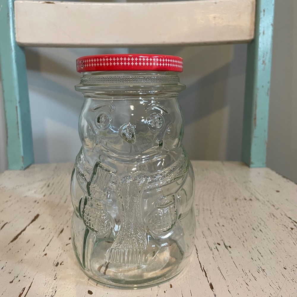 Vintage 1992 Kraft Strawberry Jam Snowman Glass Jar Red Lid 28oz Collectible